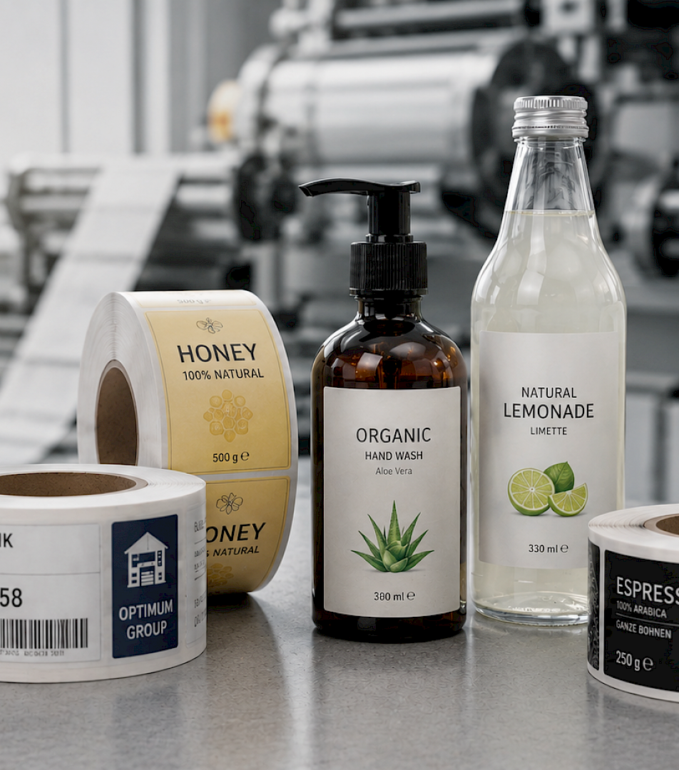 Selbstklebende Etiketten, Optimum Group™ HP-ETIKETT, Etiketten, flexible Verpackungslösungen, Etikettendruckerei